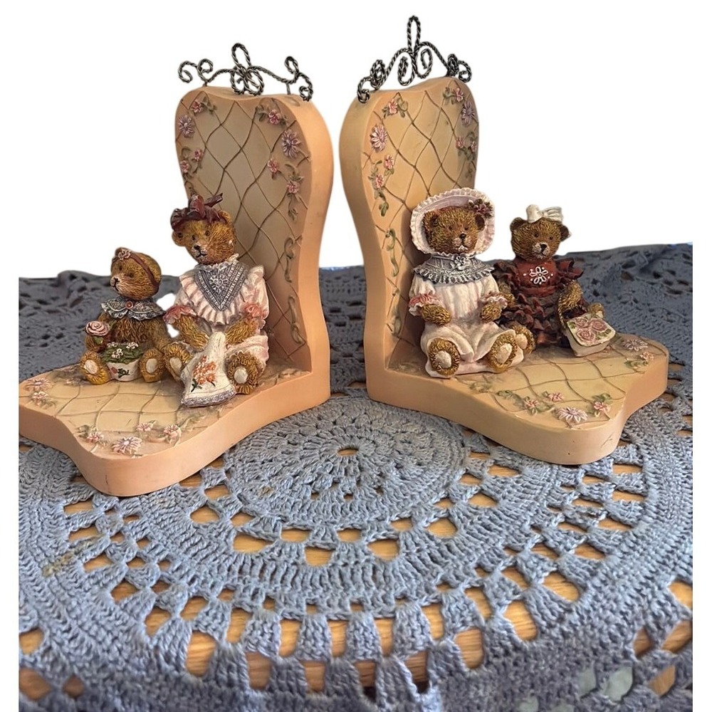Enesco Cherished Teddies Resin Book Ends Mama and Baby Bear Pink Floral Vintage